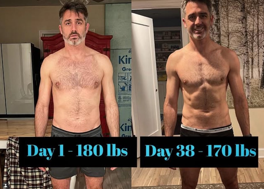 Rob Nelson before and after: day 1 at 180 pounds, day 38 at 170 pounds